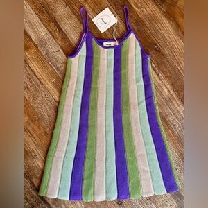Oeuf Pleated Knit Dress in Purple, Green, and Cream 6-7y